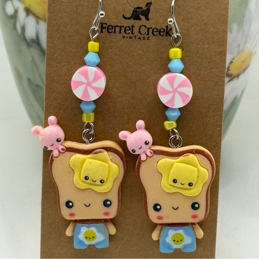 Cute Kawaii Toast With Butter Breakfast Charm Earrings Egg Onesie